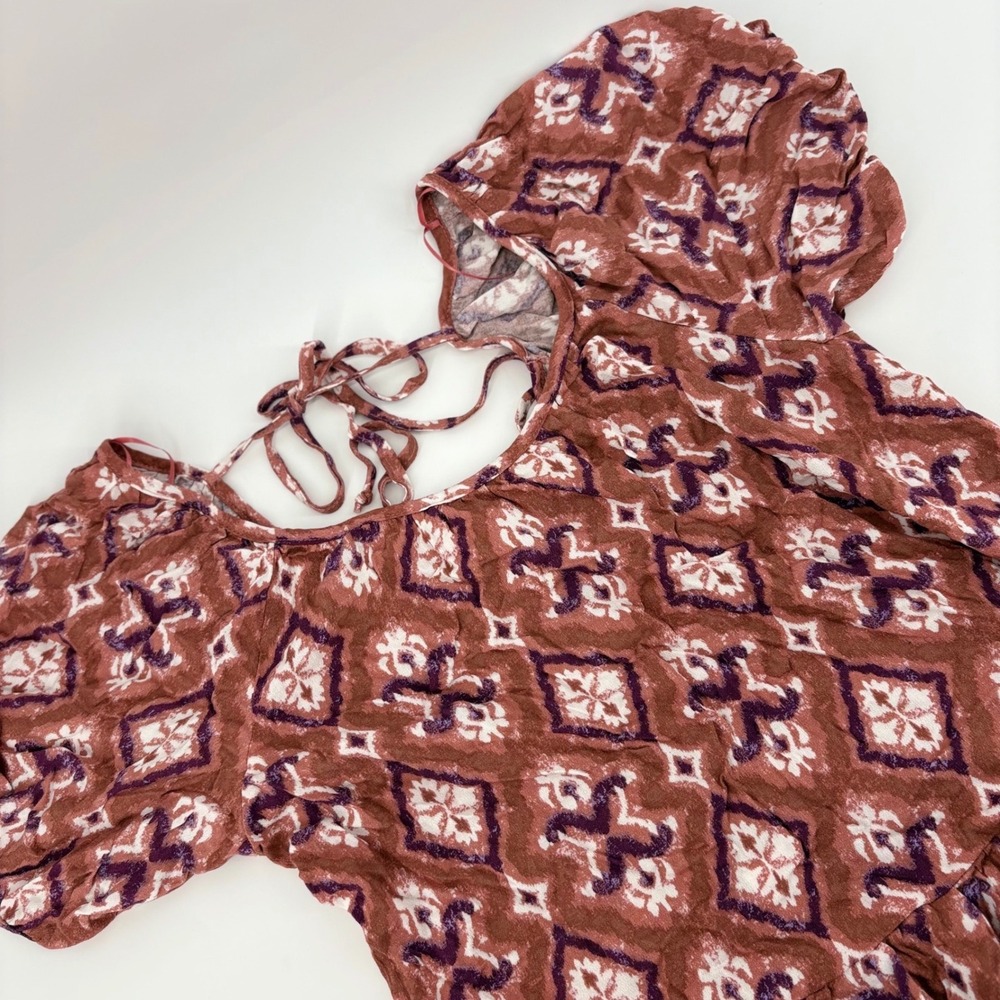 Knox Rose Women Cognac Ikat Print Tiered Mini Dress Puff Sleeve Tie Back Small